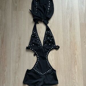 Black Halter Cutout Rave Fit with Silver Accents and Hood